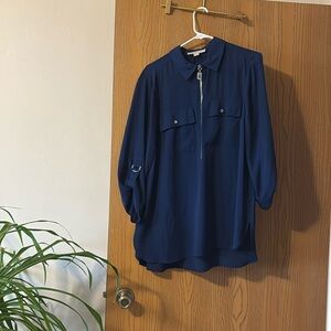Michael kors xl 3/4 sleeve zip up blouse blue and silver